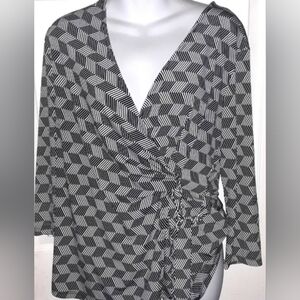 Massini- Women's Wrap Black and White Striped Stretch Blouse Top. Size Medium